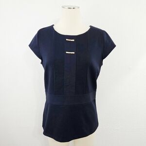 Ann Taylor Navy Blue Cap Sleeve Blouse Gold Metal Bows Classic Office Medium
